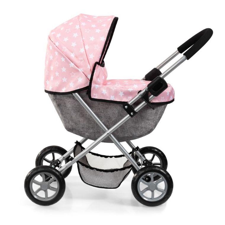 Bayer Design, Cosy, carucior multifunctional pentru papusi, set cu geanta si scaunel, roz-gri cu stelute