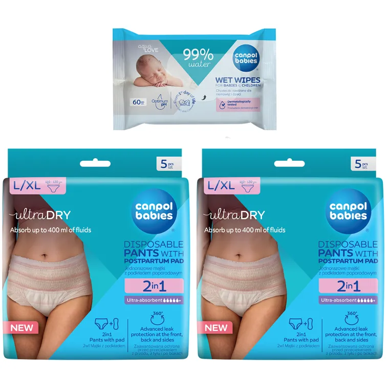 Canpol babies, set pentru mame dupa nastere: chiloti postnatali, marime L/XL, 2 buc. + servetele umede, 60 buc.