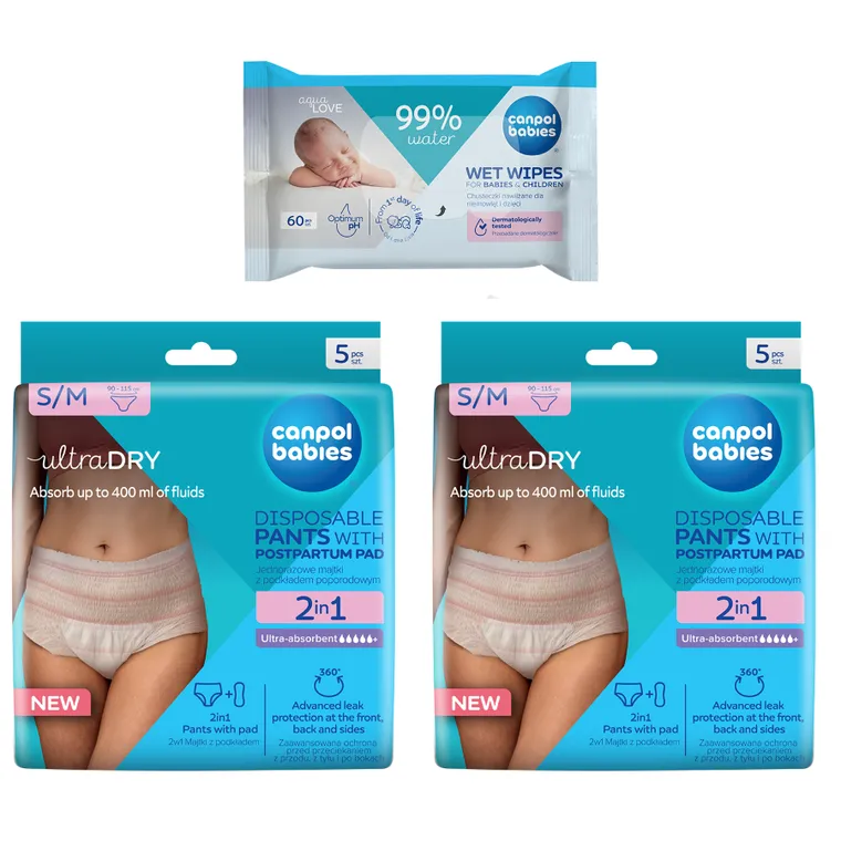 Canpol babies, set pentru mame dupa nastere: chiloti postnatali, marime S/M, 2 buc. + servetele umede, 60 buc.