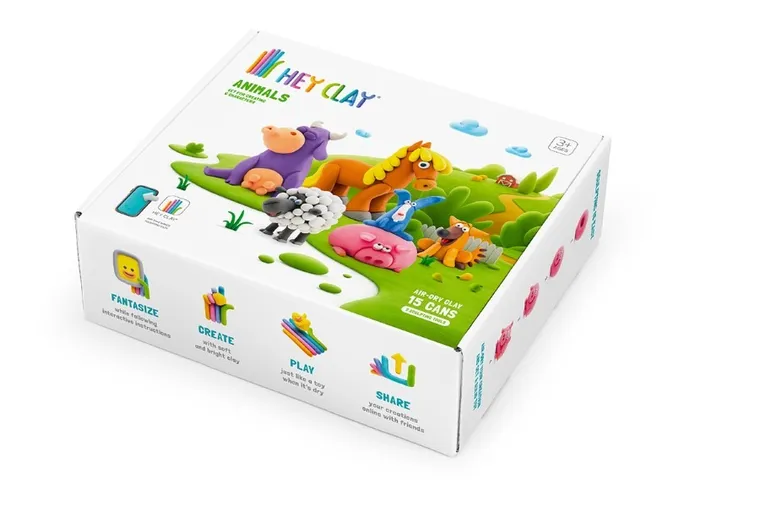 Hey Clay, Animals, set creativ, 15 cutii de plastilina