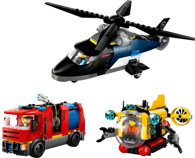 LEGO City, Elicopter, autospeciala de pompieri si submarin in versiuni remixate, 60462
