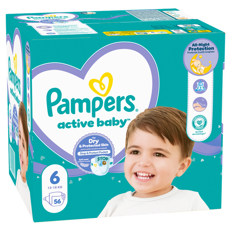 Pampers Active Baby, Jumbo Pack, scutece marimea 6, 13-18 kg, 56 buc.