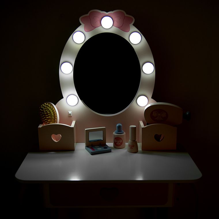 Smiki, masuta de toaleta din lemn cu scaunel, accesorii si lumini LED
